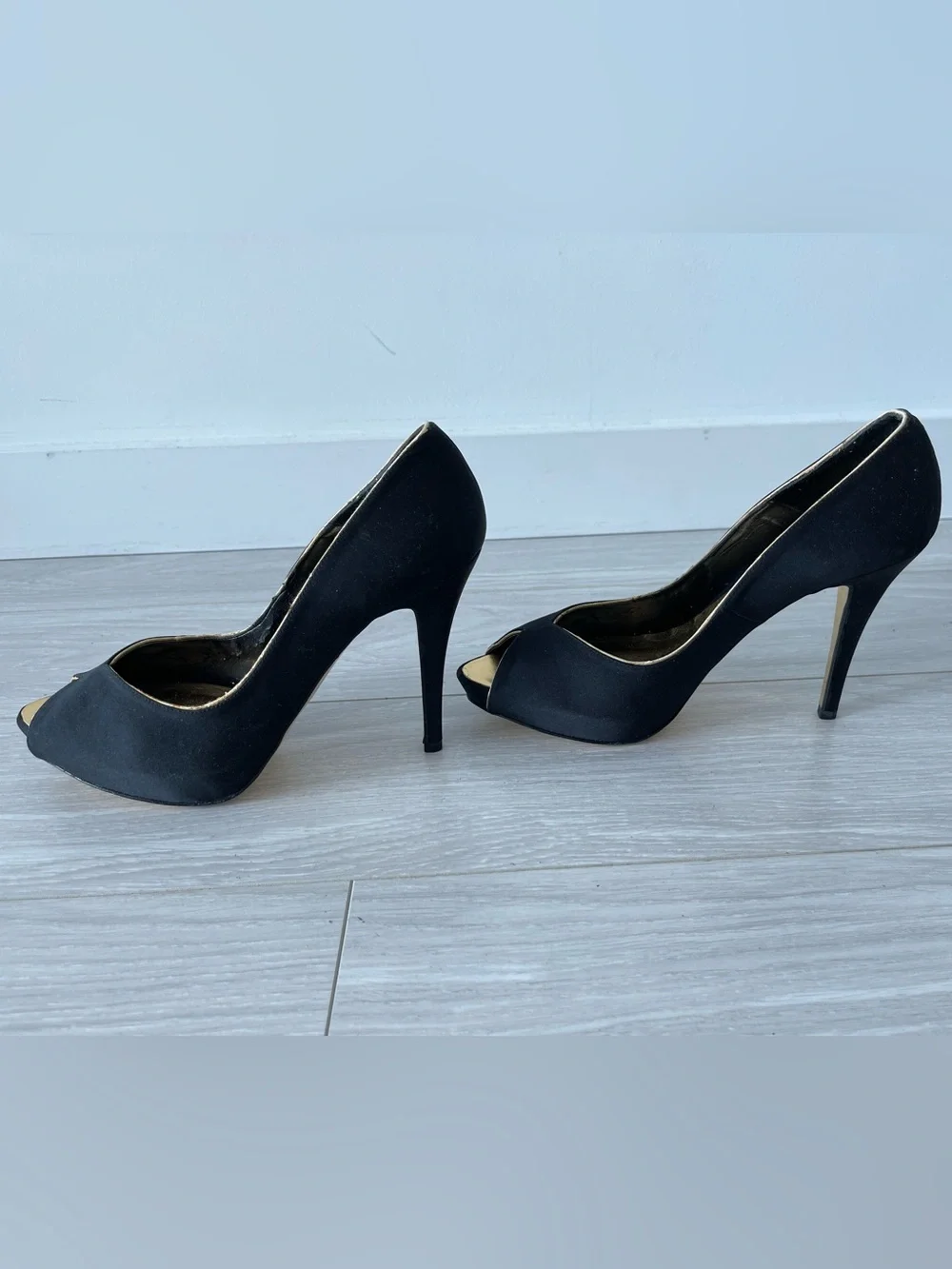 Zara Black Peep-Toe Satin Pumps with Gold Trim Size 40